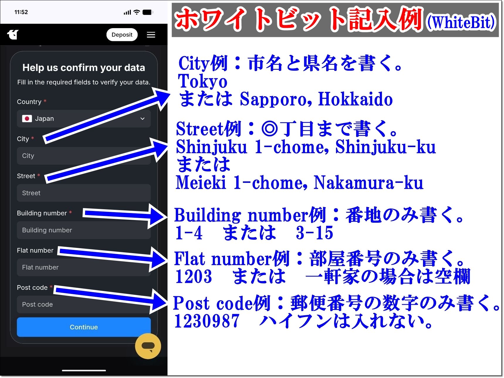 WhiteBITのセルフィー認証後に表示される住所入力フォームの記入例